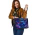 Neon blue frog sitting on top of colorful mushrooms in the forest leaather tote bag