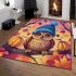 Owl wearing blue winter hat sitting on tree branch surrounded area rugs carpet