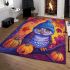 Owl wearing blue winter hat sitting on tree branch surrounded area rugs carpet