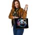 Panda portrait white fur with black and rainbow accents leather tote bag