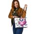 Pink owl on a pure white background with cute big eyes leather tote bag