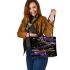 Purple and gold dragonflies leather tote bag