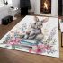 Rabbit sitting on top of books surrounded by flowers area rugs carpet