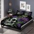 Skull with green frog on top and purple thistle flowers growing bedding set