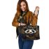 Steampunk panda with top hat and monocle holding golden gears leather tote bag