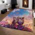 Two cute owls in love colorful butterflies flying area rugs carpet