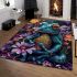 Vibrant teal frog with large eyes sits on top of colorful flowers area rugs carpet