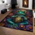 Vibrant teal frog with large eyes sits on top of colorful flowers area rugs carpet