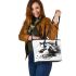 Watercolor black and white horses leather tote bag