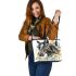 Watercolor black horse head with white rose leather tote bag