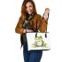 Watercolor cute and happy green frog sitting with coffee mug leaather tote bag