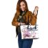 Watercolor dragonfly and pink flowers leather tote bag