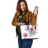 Watercolor dragonfly and pink flowers leather tote bag