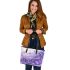 bees flying to musical notes and purple leafs in the summer Leather Tote Bag