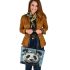 Black and white cute panda with blue eyes leather tote bag
