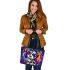 Colorful cute cartoon dog with bow leather tote bag