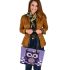 Cute owl cartoon with big eyes and yellow stars on its head leather tote bag