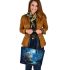 Cute owl with big blue eyes leather tote bag