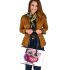 Cute pink owl with big eyes leather tote bag