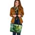 Green owl cartoon leather tote bag