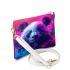 Cute panda with colorful smoke in front of a pink makeup bag