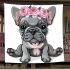 Adorable grey french bulldog puppy wearing pink roses blanket