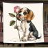 Beagle puppy holding a pink rose in its mouth blanket