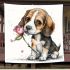 Beagle puppy holding a pink rose in its mouth blanket