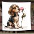 Beagle puppy holding a pink rose in its mouth blanket