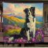 Black and white border collie sits in the foreground of an oil painting blanket