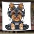 Cartoon yorkshire terrier dog wearing headphones blanket