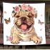 Cute baby english bulldog dog wearing a flower crown and butterfly blanket