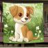 Cute brown and white puppy is sitting on the grass blanket