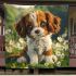 Cute brown and white puppy is sitting on the grass blanket