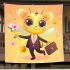 Cute cartoon bee holding flowers and a honeycomb blanket