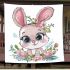 Cute cartoon bunny with big eyes and flowers blanket