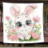 Cute cartoon bunny with big eyes sitting on the flowers blanket