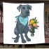 Cute cartoon great dane in a blue bandana holding flowers blanket