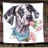 Cute cartoon of a great dane with a blue bandana holding pink flowers blanket