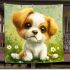 Cute cartoon puppy sitting on the grass blanket