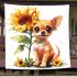 Cute chihuahua puppy with big eyes sitting next to a sunflower blanket