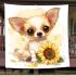 Cute chihuahua puppy with big eyes sitting next to sunflower blanket