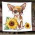 Cute chihuahua puppy with big eyes sitting next to sunflower blanket