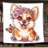 Cute corgi puppy with pink roses and a butterfly blanket