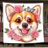 Cute corgi puppy with pink roses in her hair and butterflies blanket