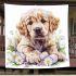 Cute golden retriever puppy with daisies and easter eggs blanket