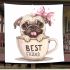 Cute happy baby pug with a pink bow on its head blanket