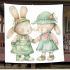 Cute happy smiling bunny girl and boy in green blanket