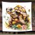 Cute happy smiling turtle with flowers blanket