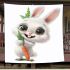 Cute happy white rabbit with big eyes holding one carrot blanket